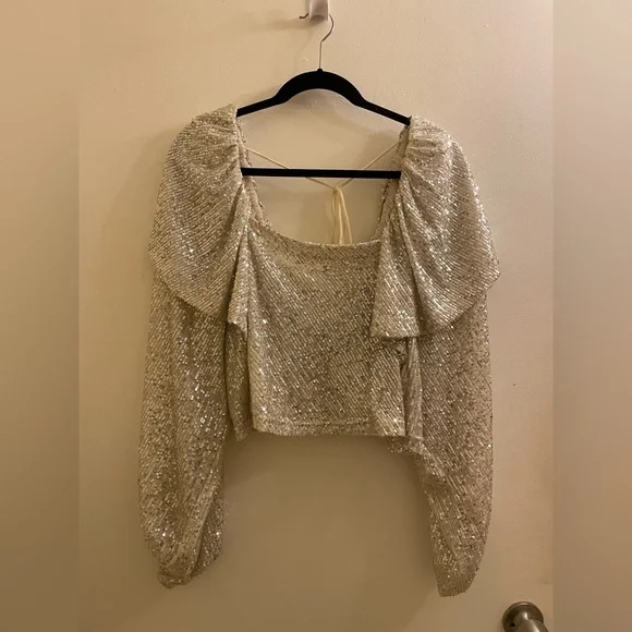NWOT Free People Silver Sequin Flowy Tie Back Crop Top Size XS - Picture 3 of 9